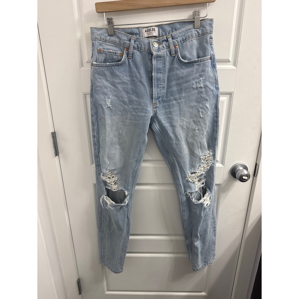 Agolde Jamie High Rise Distressed Tapered Jeans Light Wash Denim Size 27
